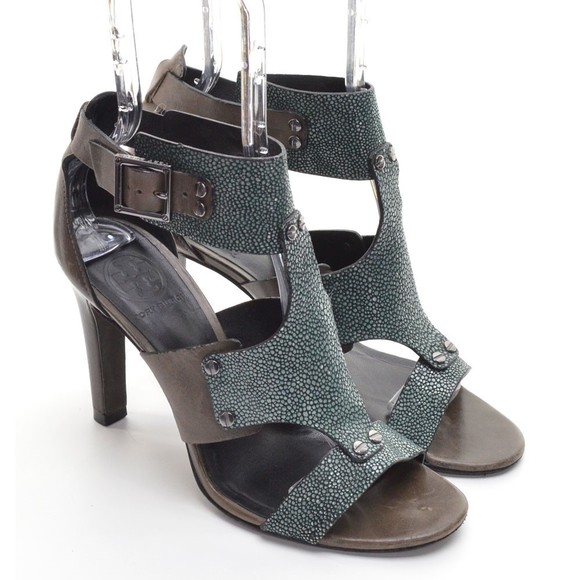 Tory Burch Teagan Stingray Vegan Gladiator Sandals Caged Heels 8 M - Picture 1 of 8